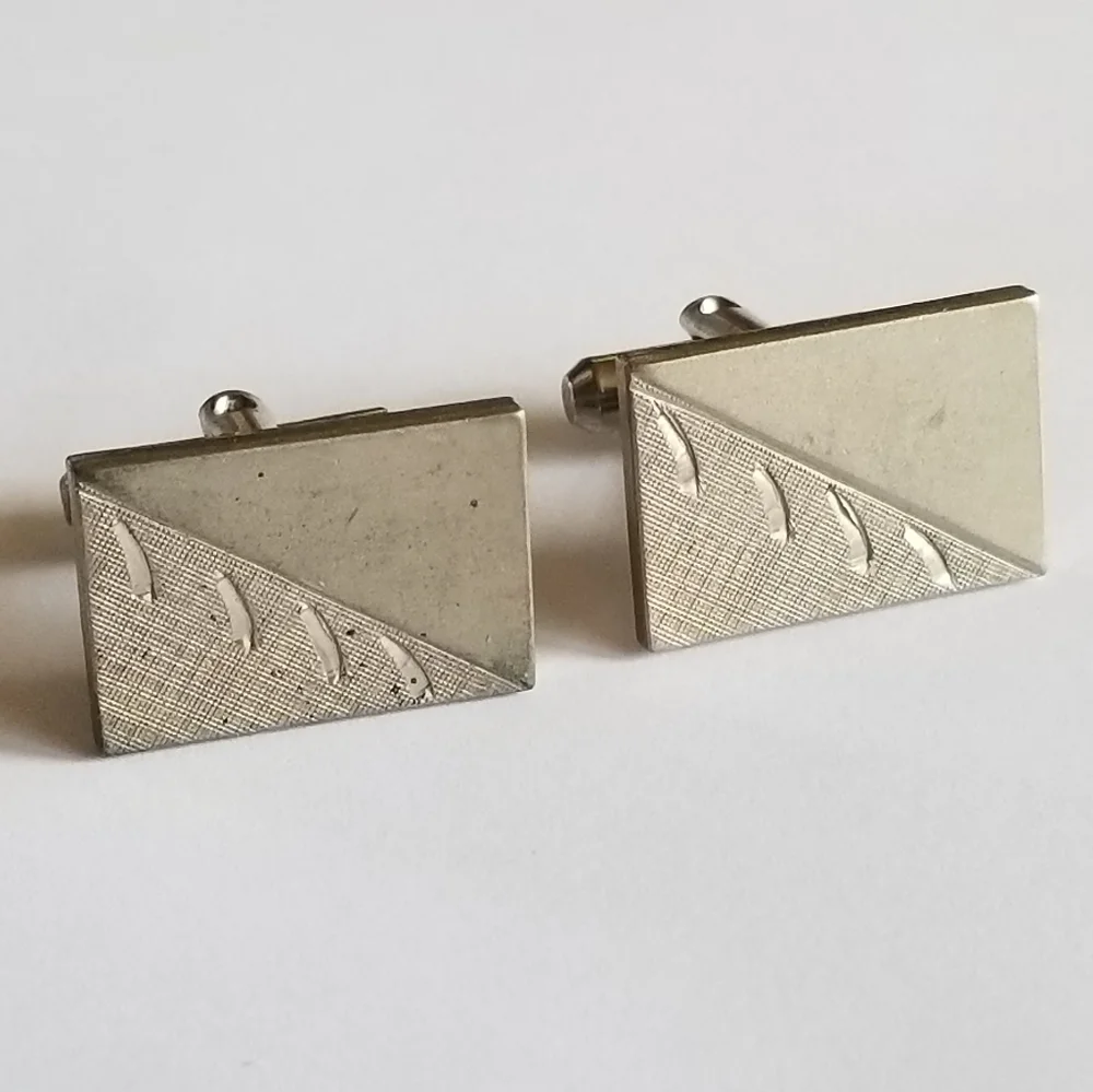 Vintage cuff links silver tone rectangular diagonal lines cufflinks mens jewelry